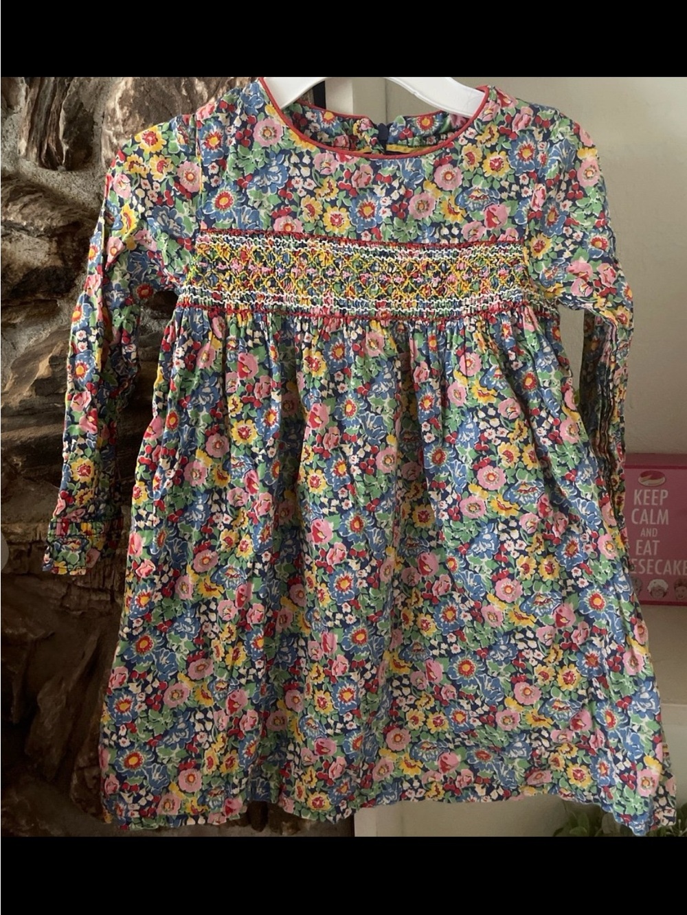 Mini Boden Long-Sleeve Floral Smocked Dress - Blue Multi